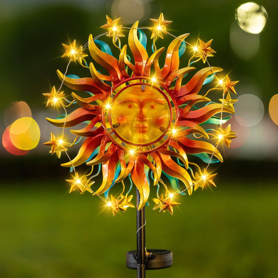 Qualdout Solar Wind Spinner sun-face with LED lights for enchanting yard ambience.