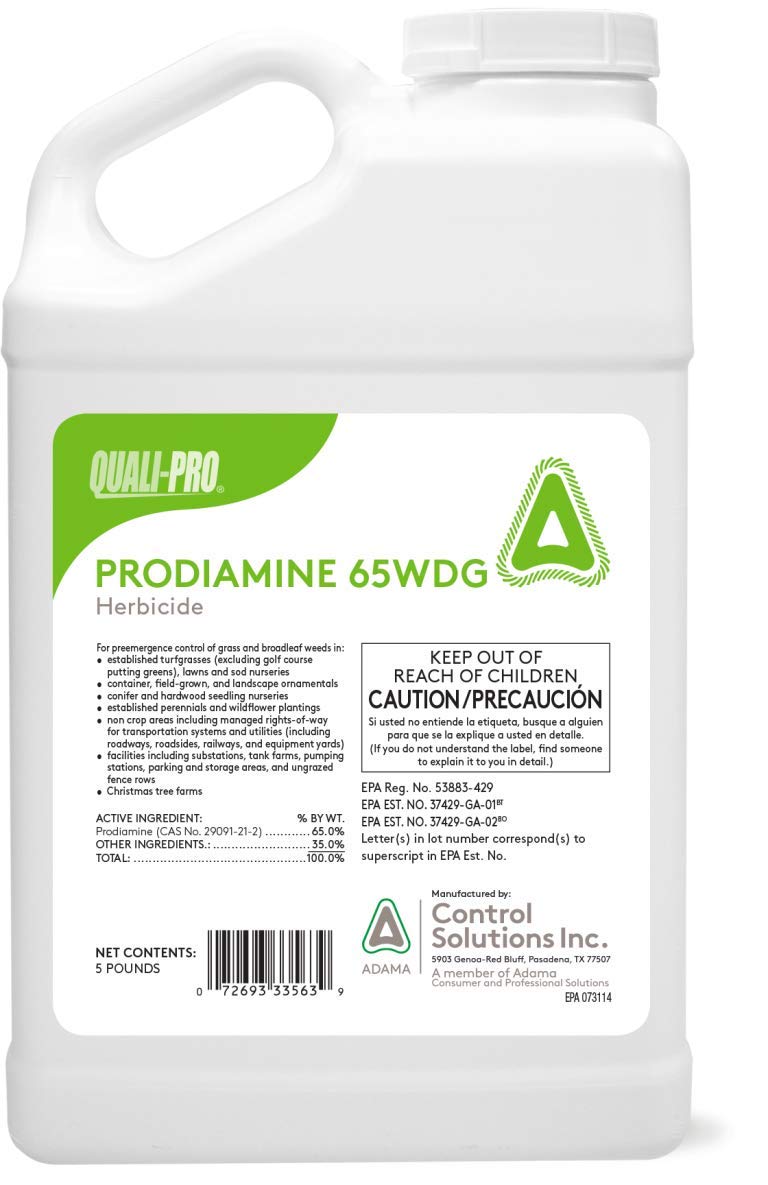 Quali-Pro Prodiamine 65 WDG bottle with yellow granules for pre-emergent weed control