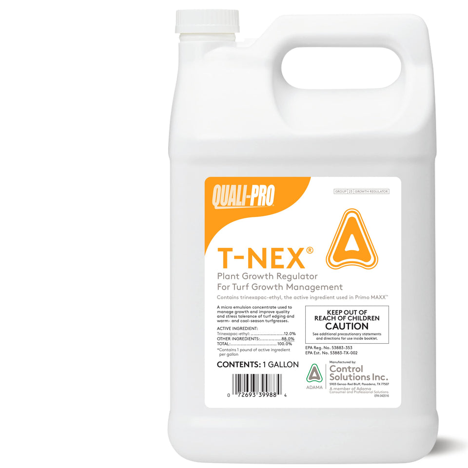 Quali-Pro T-Nex Primo Maxx 128oz bottle in white, supports turf growth management and color