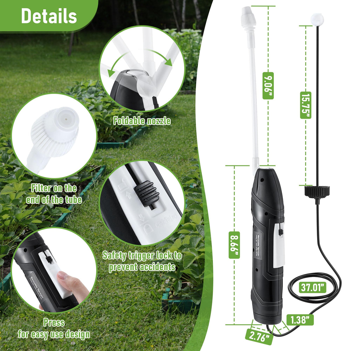 Qualirey wand with adjustable nozzle for mist and stream coverage.