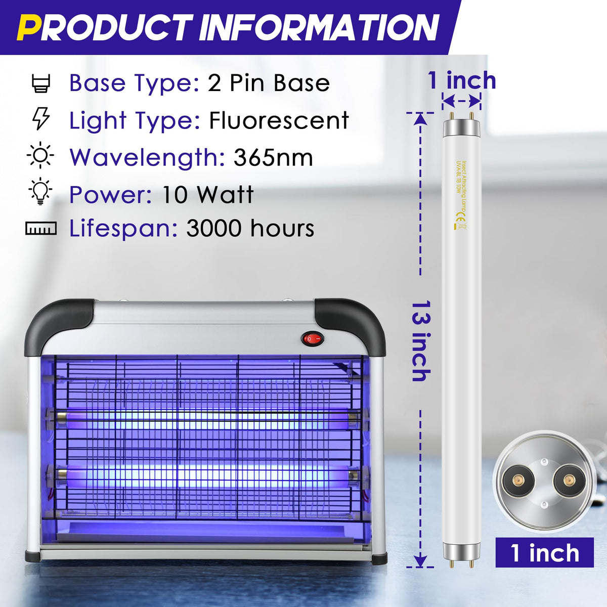 Qualirey bug zapper bulbs, 13-inch side view, slim form factor for retrofit.