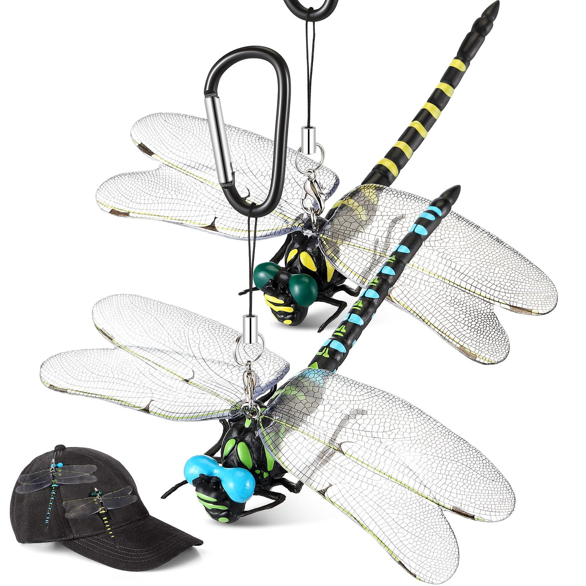 Qualirey dragonfly hat clip front view shows lifelike wings for stylish outdoor decoration.