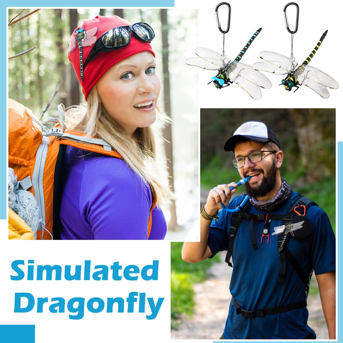 Qualirey dragonfly hat clip hook attachment demonstrates easy hanging on hats or bags.