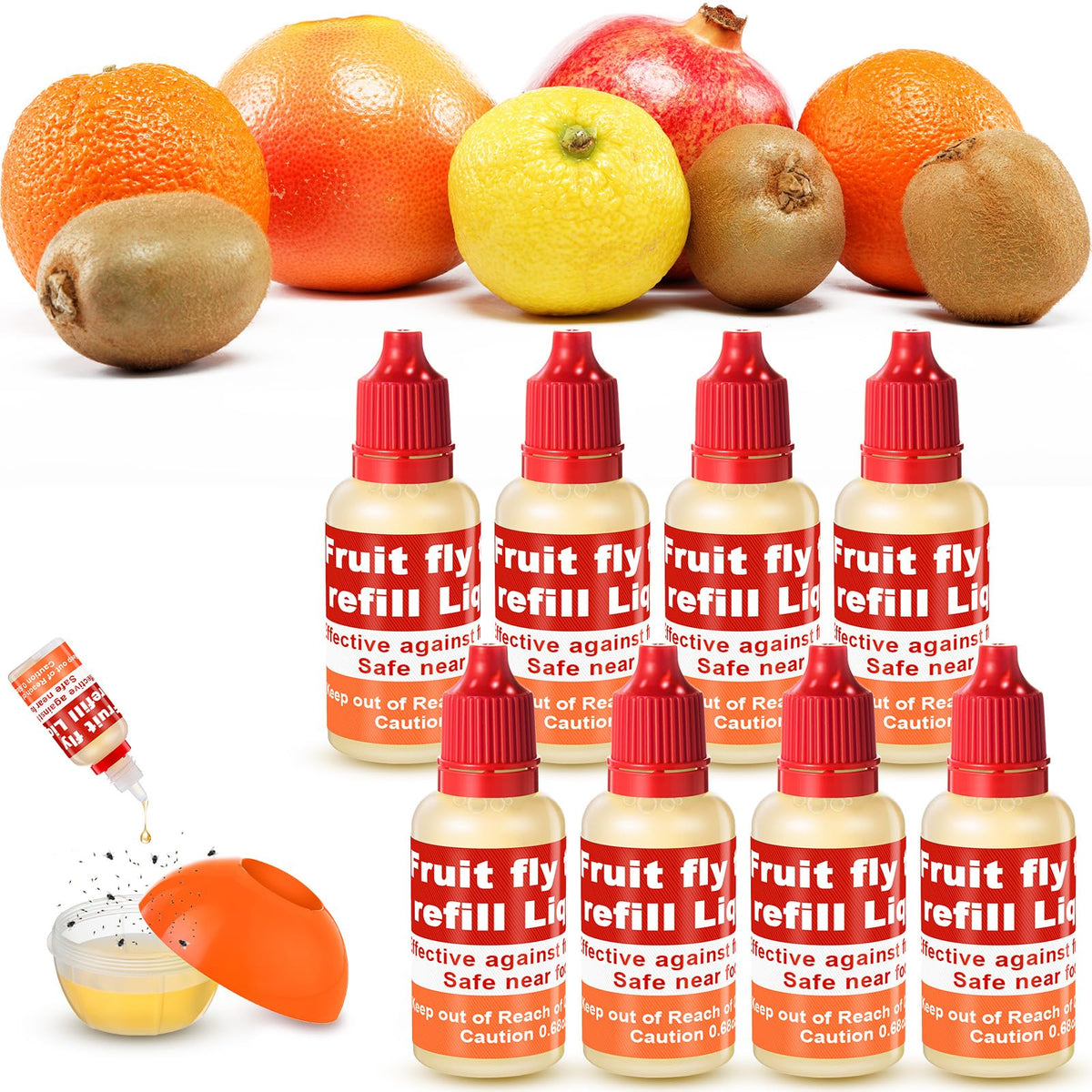 Qualirey fruit fly trap refill liquid bottle close-up, safe indoor use near produce.