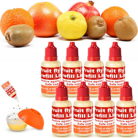 Qualirey fruit fly trap refill liquid bottle close-up, safe indoor use near produce.