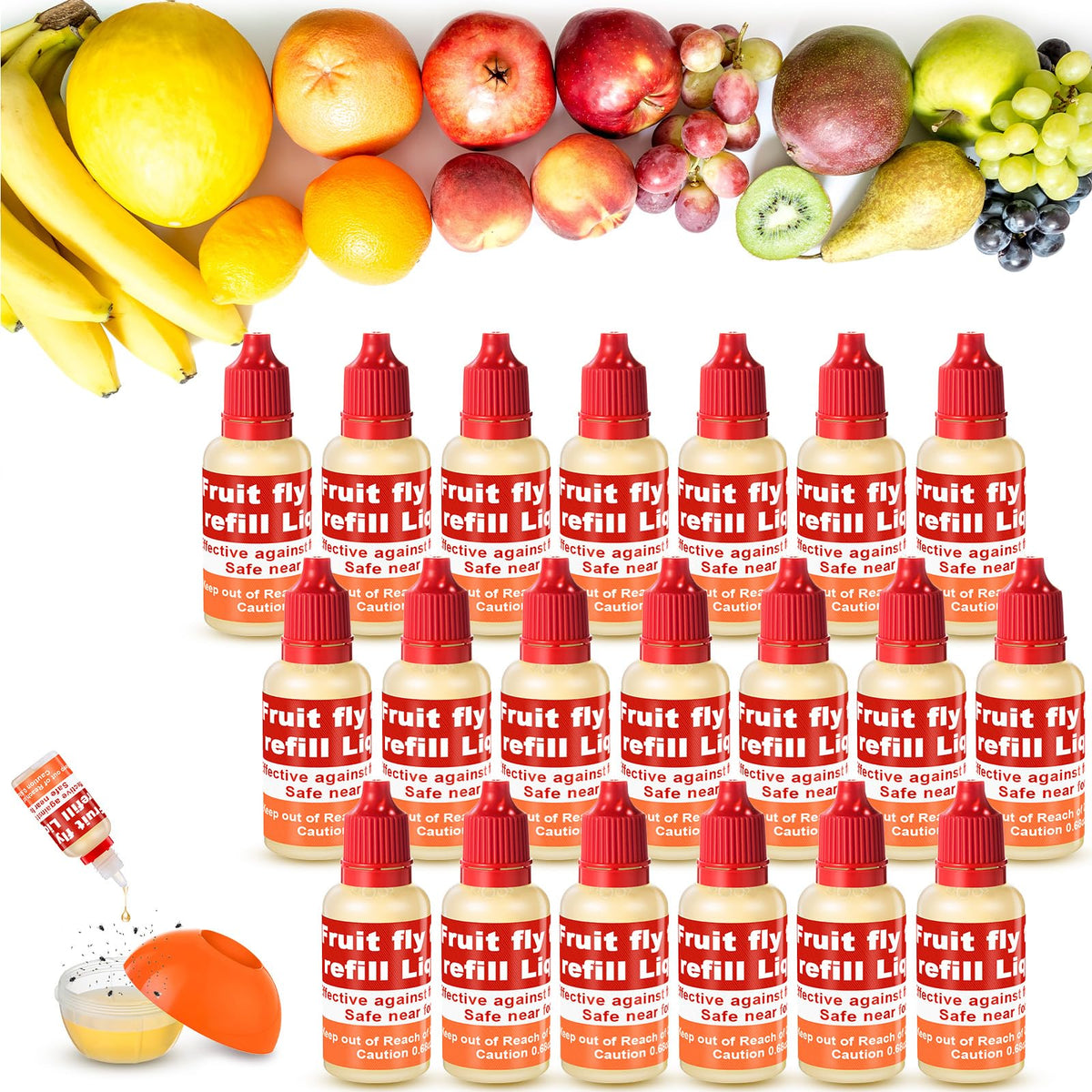 Qualirey refill liquid bottle close-up, attracts flies to protect kitchen produce.