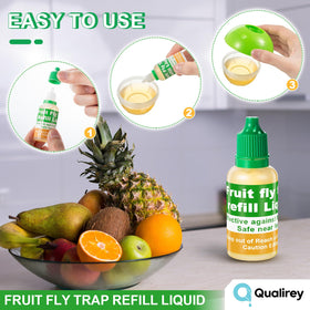 Qualirey easy-to-use refill liquid; simply pour near fruit to start trapping.
