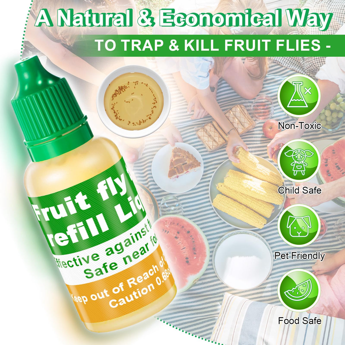 Qualirey fruit fly refill liquid for kitchen use protects produce from common fruit flies.