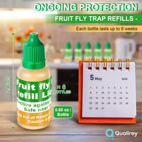 Qualirey fruit fly trap refill liquid six-pack bottles offer long-lasting protection.