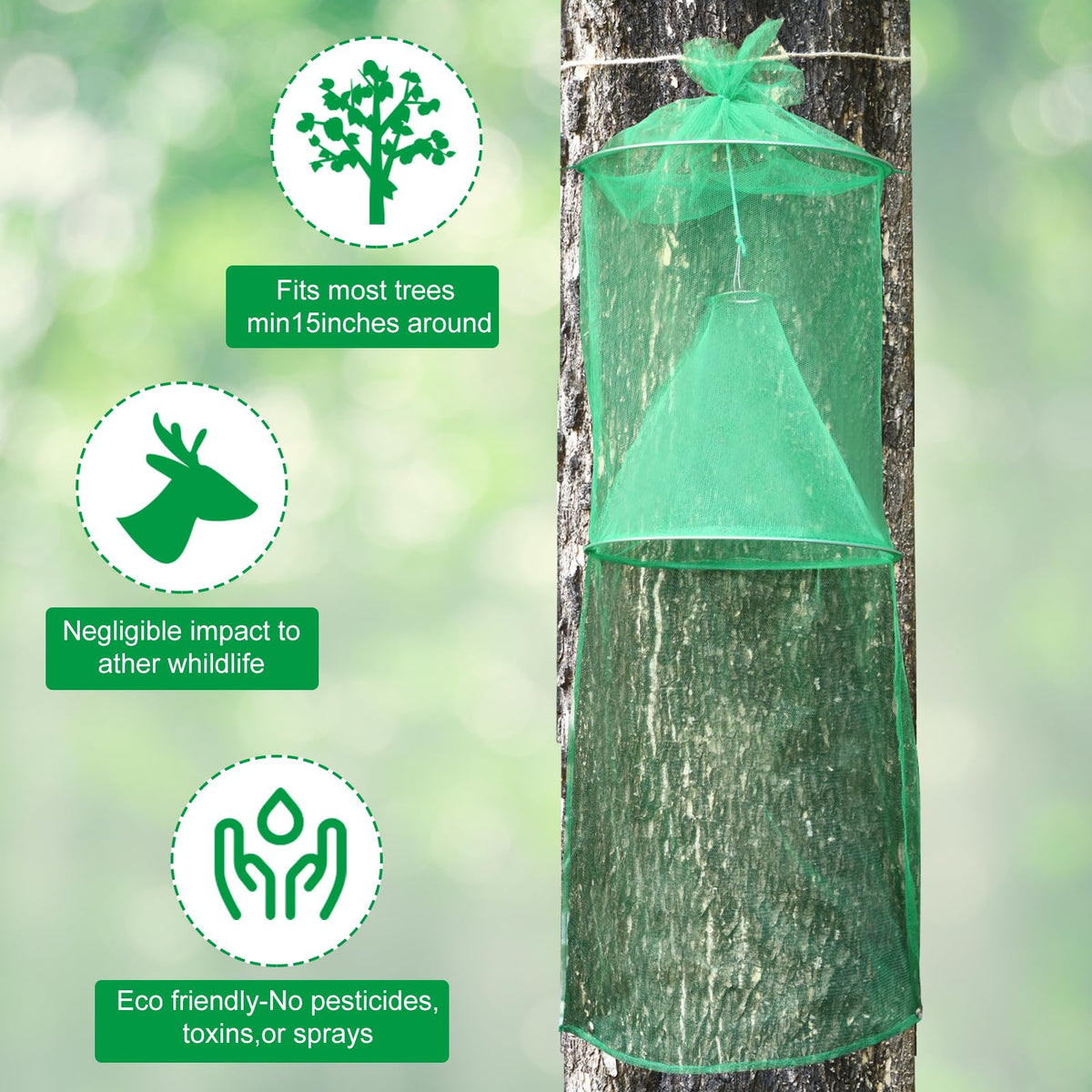 Qualirey hanging on tree in use capturing lanternflies safely without chemicals