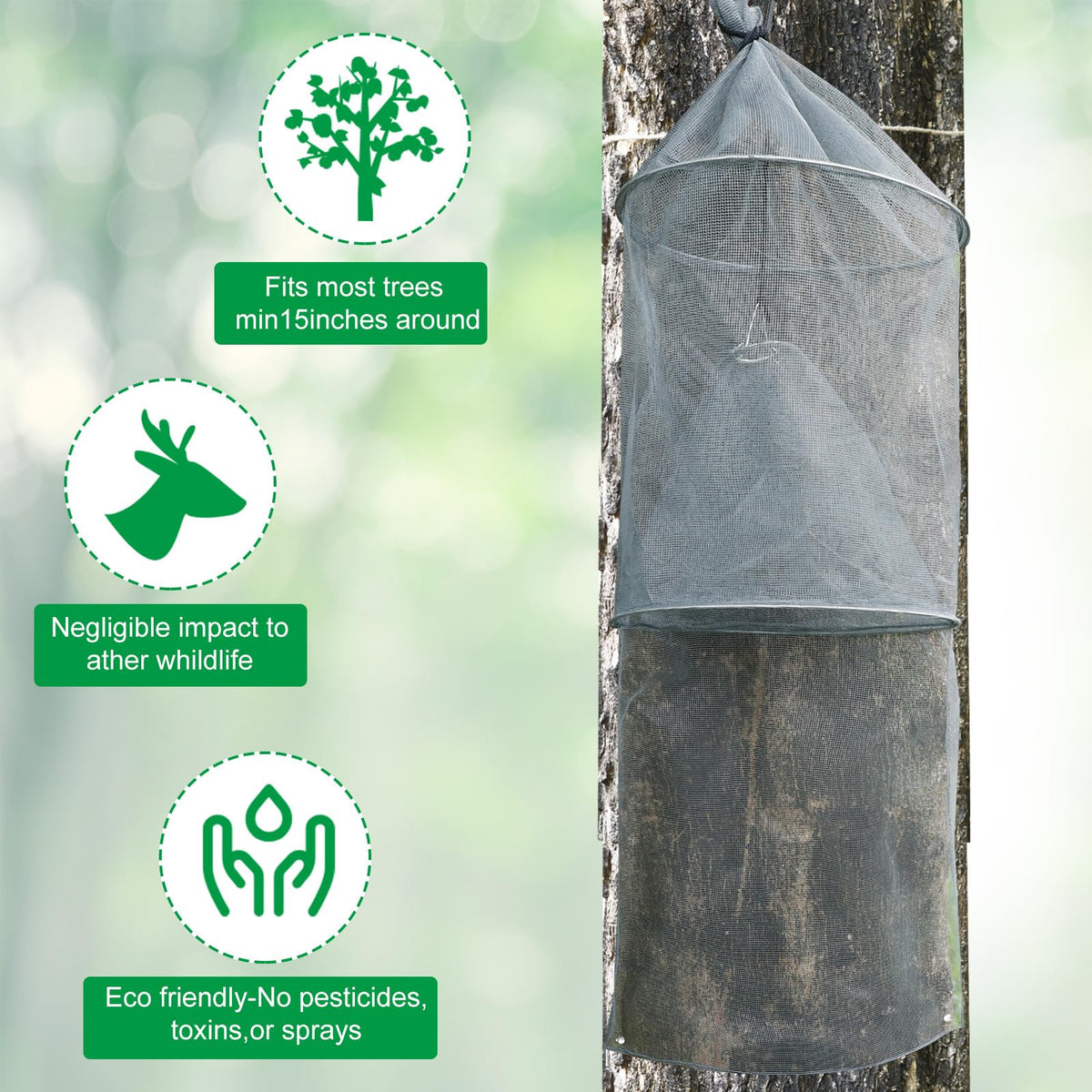 Qualirey trap hanging on tree demonstrating easy setup and trunk protection