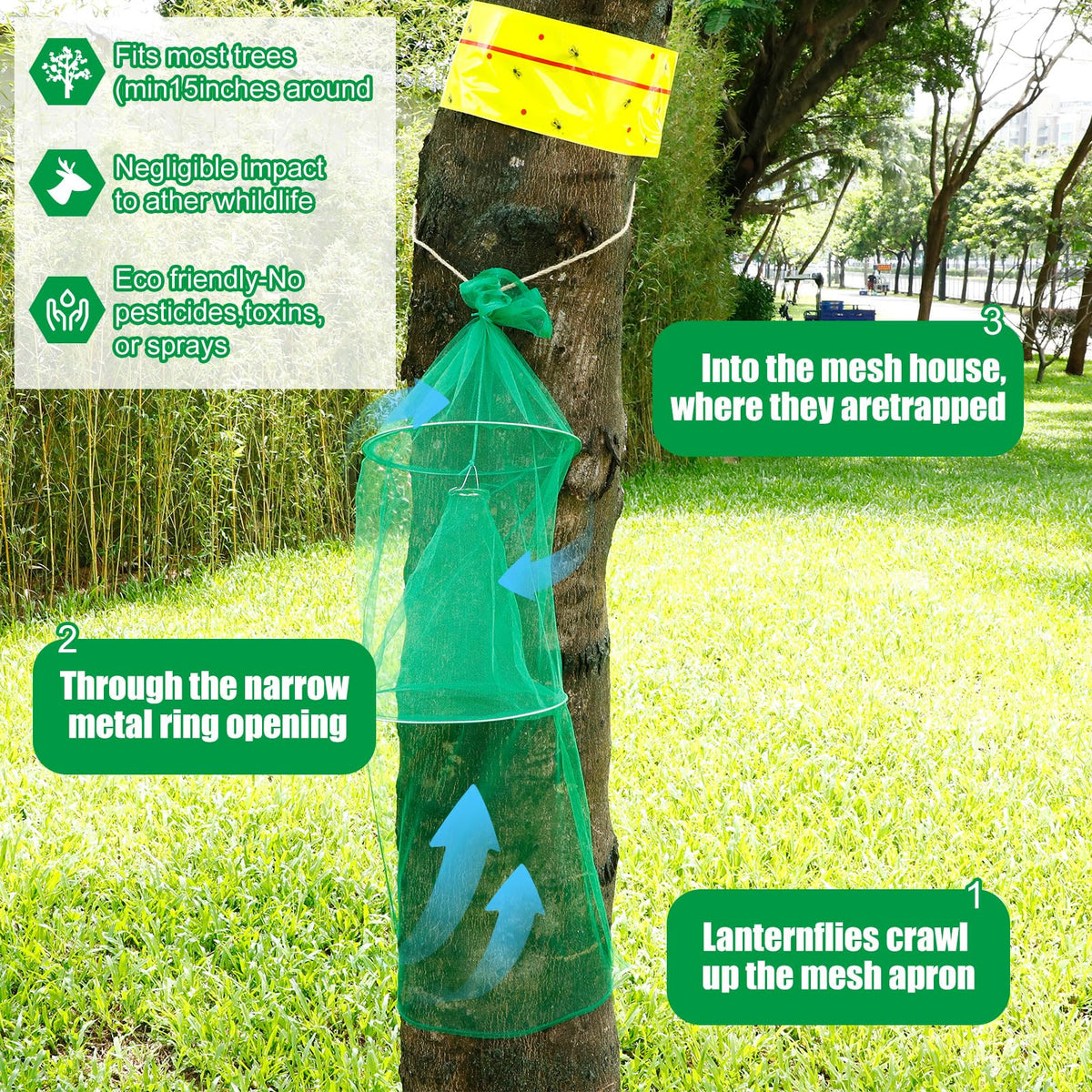 Qualirey mesh trap hung on a tree with jute rope for simple installation
