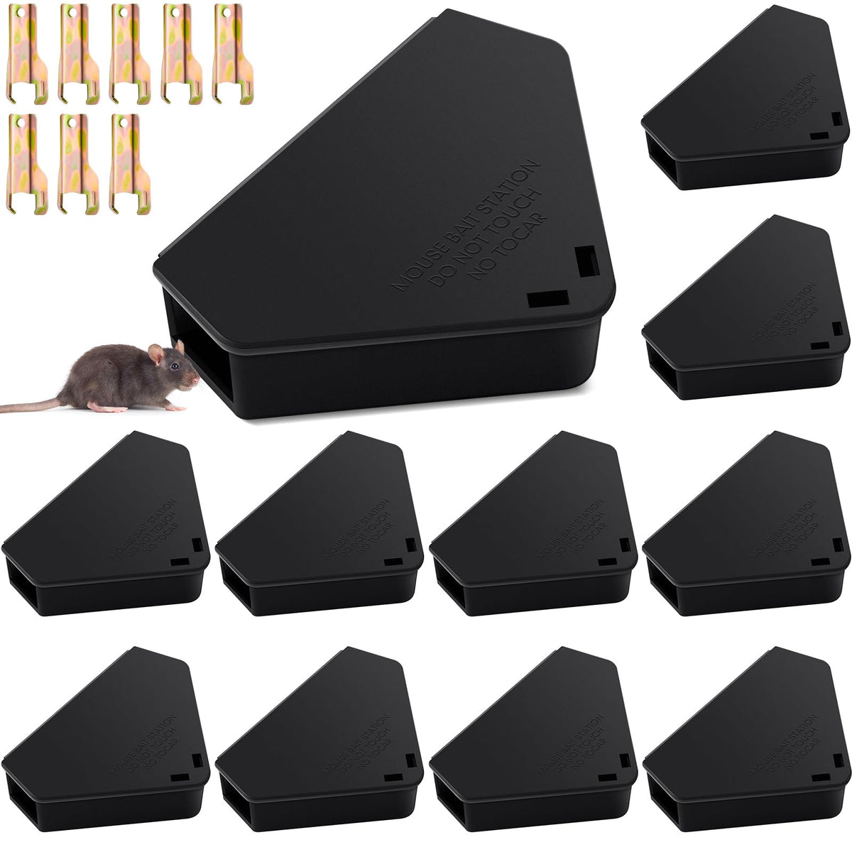 Qualirey triangle mouse station 12-pack keeping bait secure indoors and outdoors.