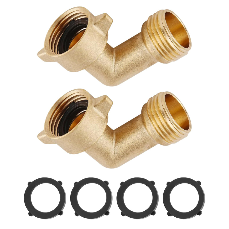 Qualory brass 90 degree hose elbow close up shows sturdy rustproof design