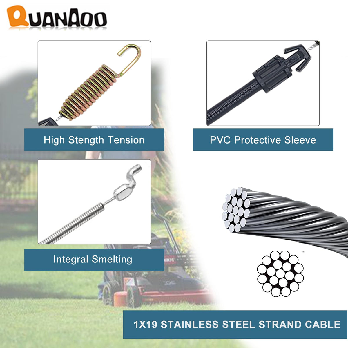 Quanaoo Z-bend end connector secures cable orientation on mower.