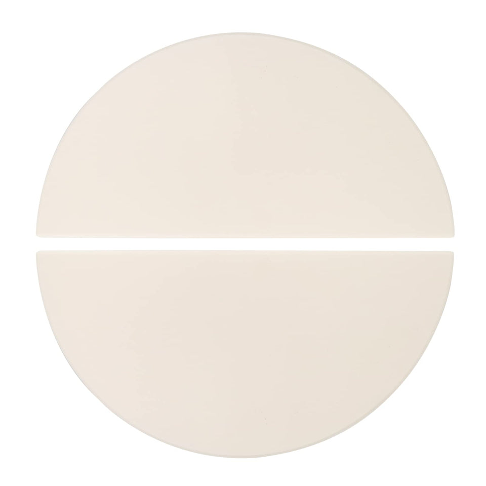 Quantfire half-moon ceramic heat deflector compatible with Kamado Joe for even heat circulation.