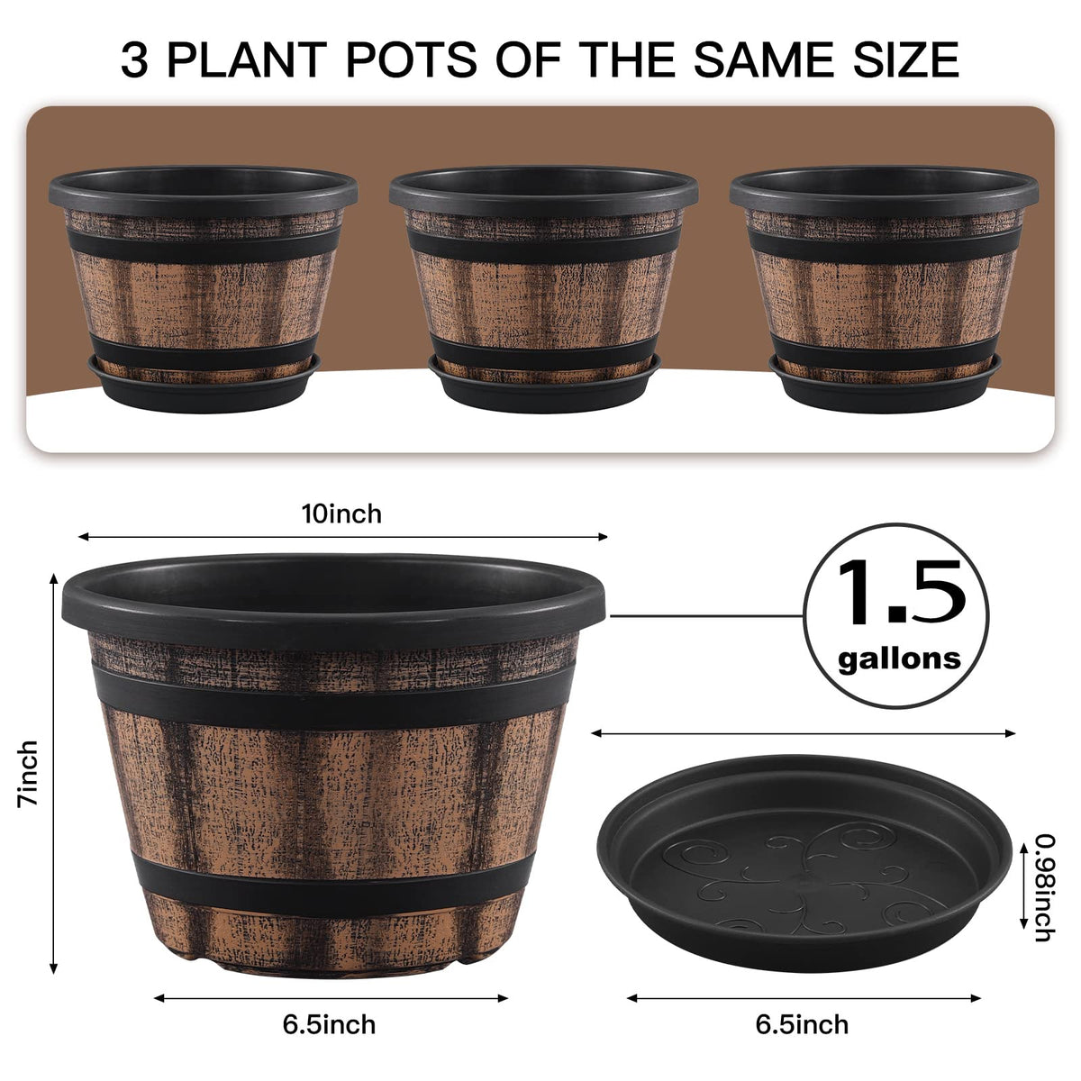 Quarut whiskey-barrel side-view plant pots show a durable, weather-ready design.
