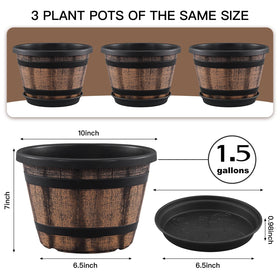 Quarut whiskey-barrel side-view plant pots show a durable, weather-ready design.
