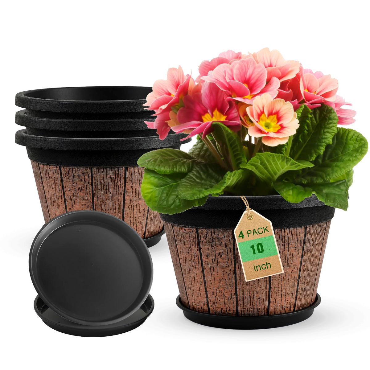Quarut 10-inch vintage barrel pot enhances rustic decor and promotes healthy drainage.