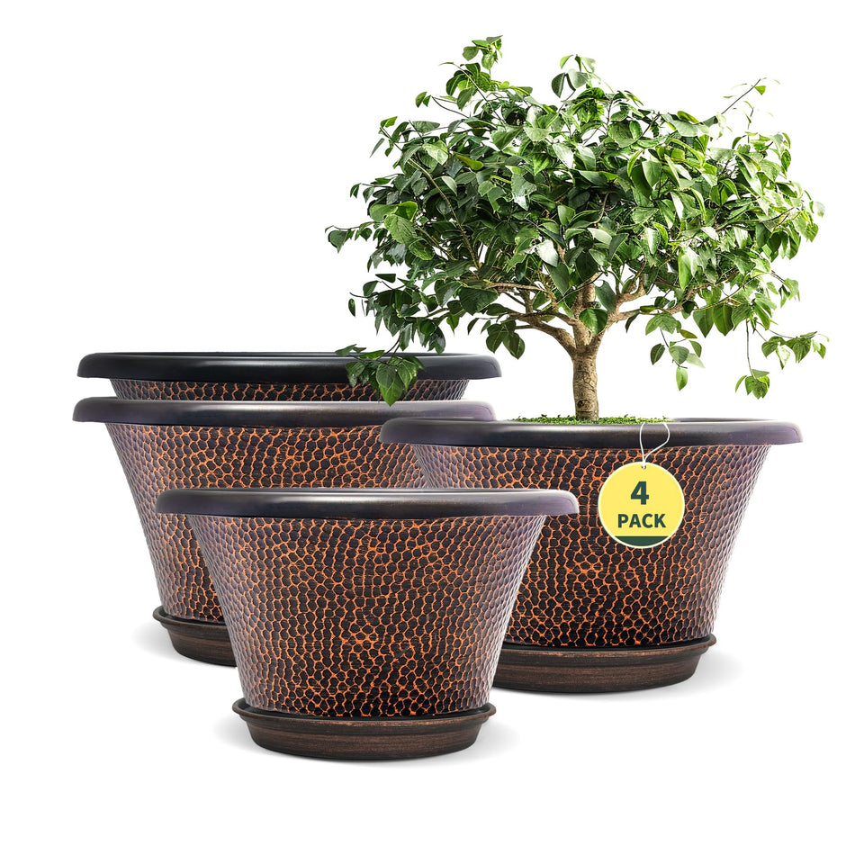 Quarut 12-inch brown planter with saucer for indoor or outdoor display and easy water capture.