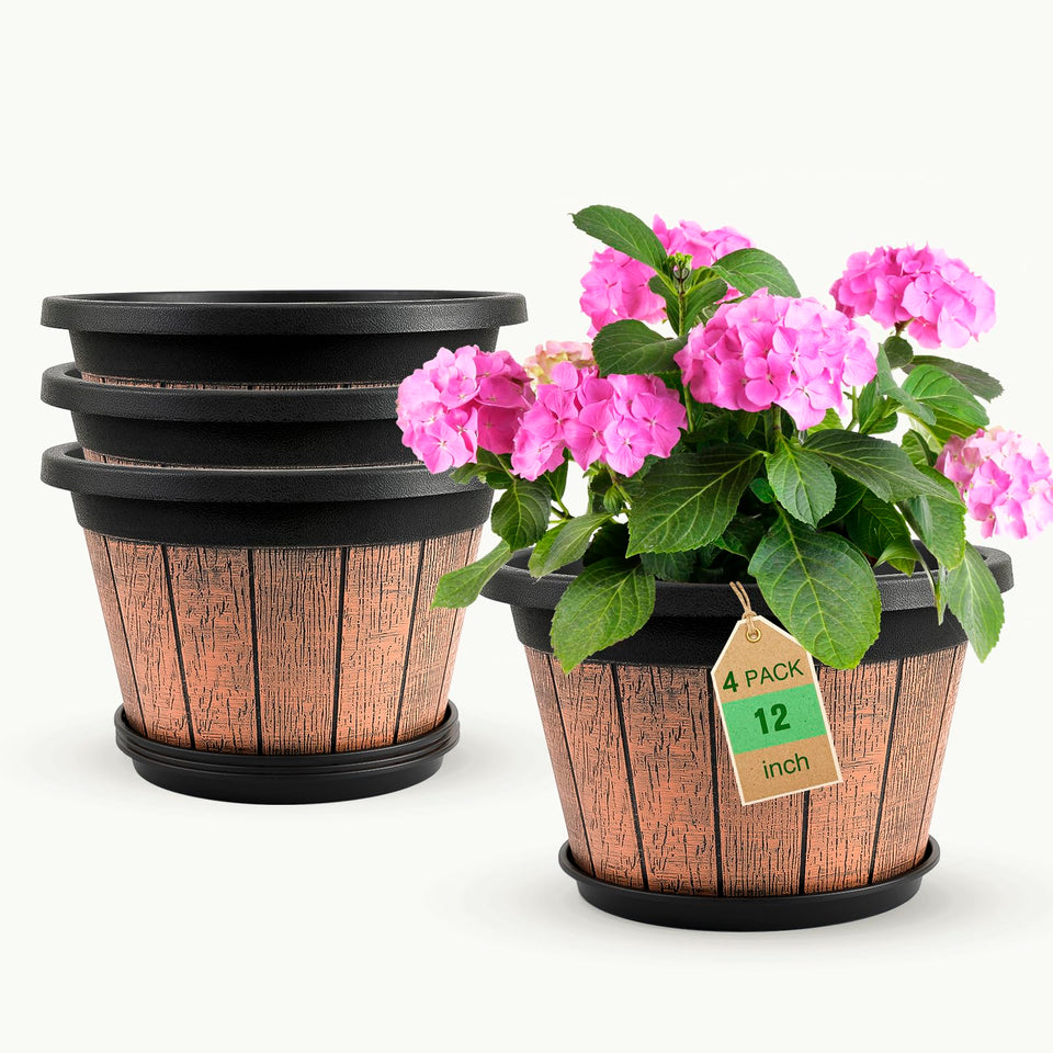 Quarut 12-inch whiskey barrel pot front view for rustic indoor decor.
