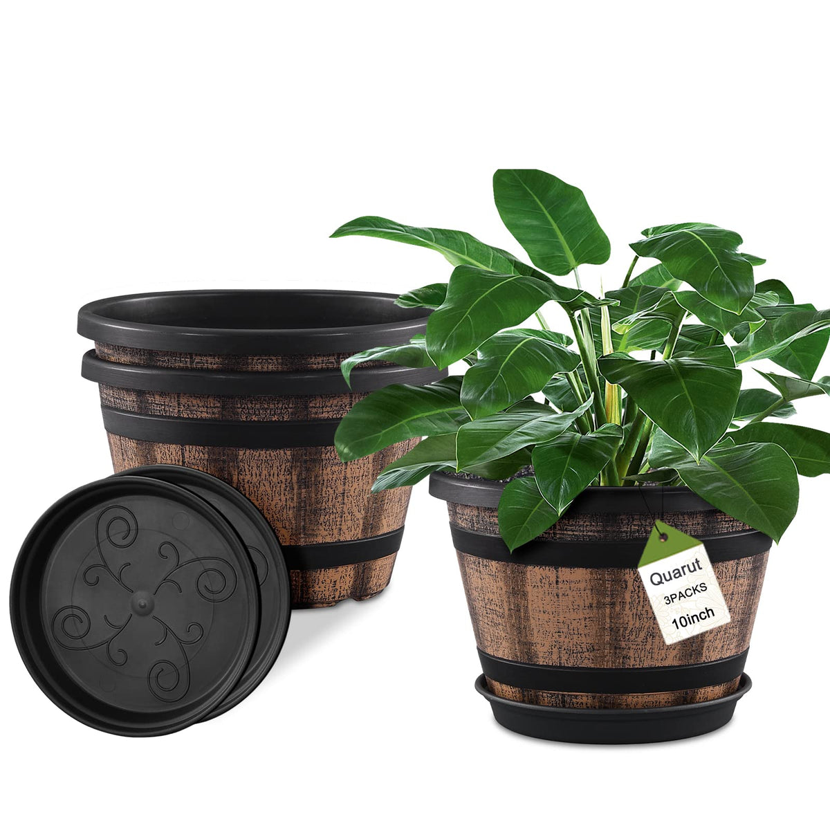 Quarut whiskey-barrel top-view plant pots add rustic charm to outdoor spaces.