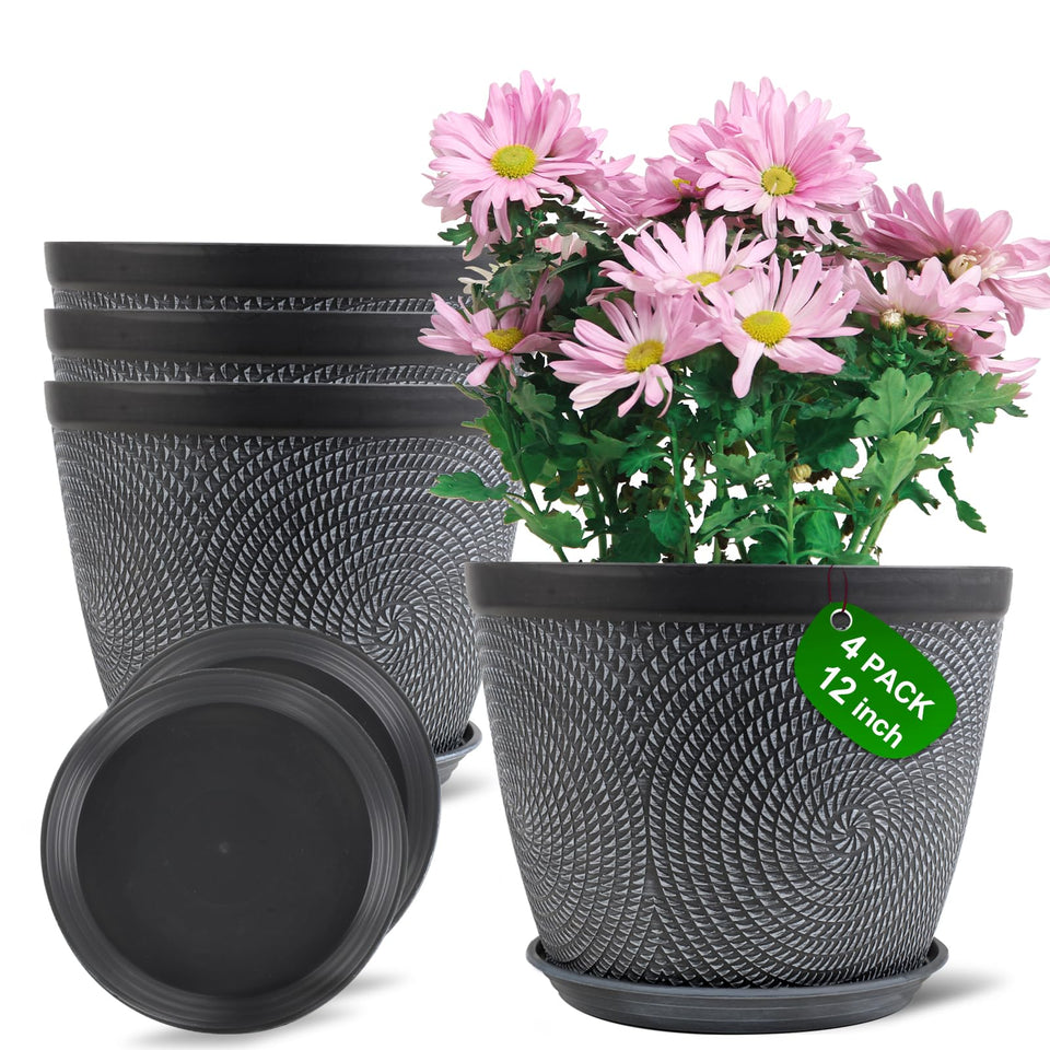 Quarut large 12-inch pot with pattern gray, ideal for modern indoor displays.