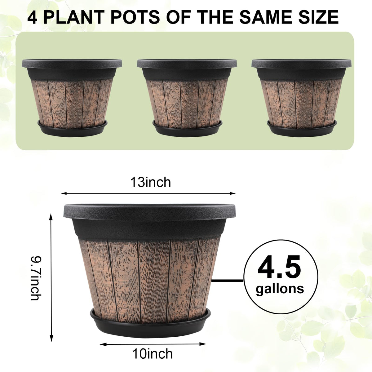 Quarut whiskey barrel planter with 10-inch bottom diameter for stability.