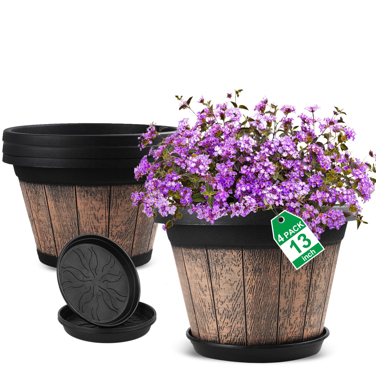 Quarut whiskey barrel planter with 13-inch top diameter for larger plants.