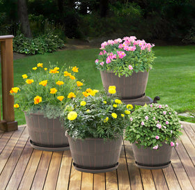 Quarut rustic wine-barrel planter in outdoor patio setting for curb appeal.