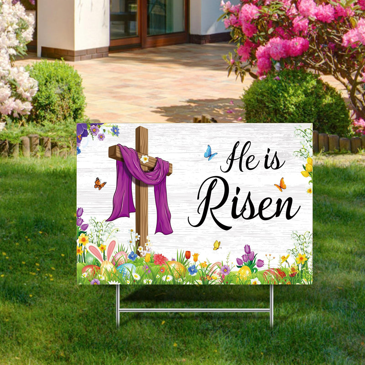 Queekay Easter sign features bunny, tulip, eggs, and cross patterns for celebrations.