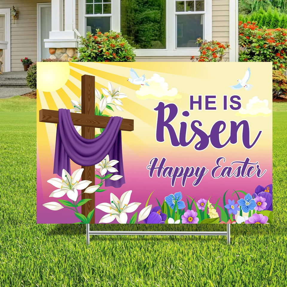 Queekay Easter yard sign with He is Risen boosts curb appeal
