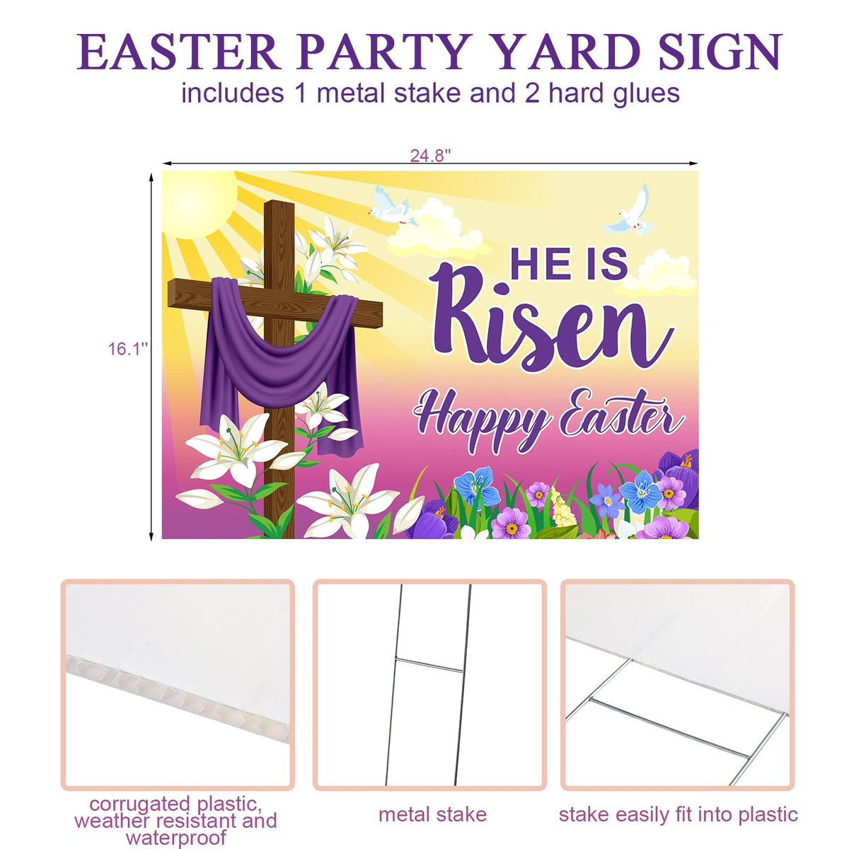 Queekay Easter yard sign sunrise cross with florals for outdoor charm