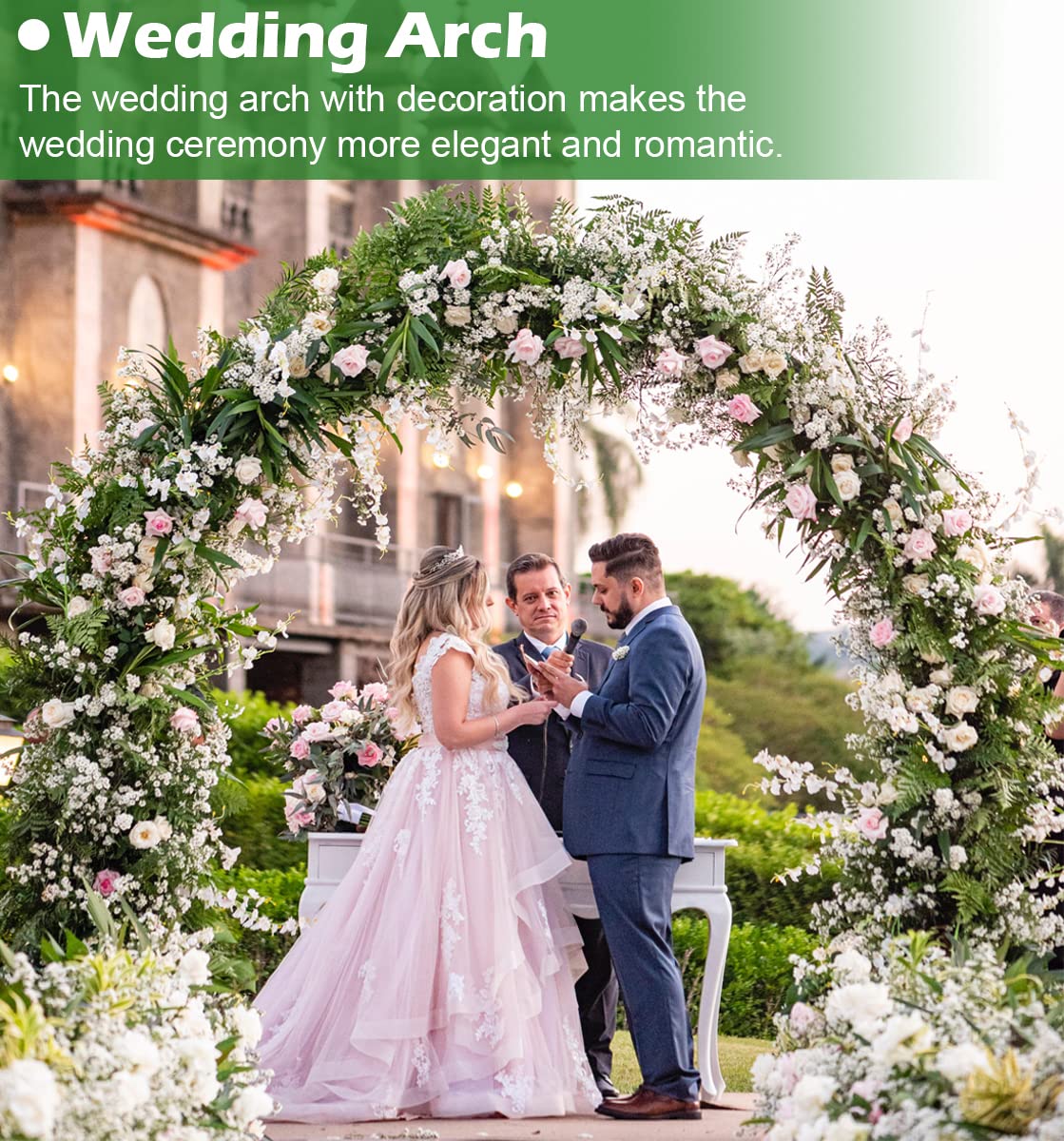 Queension black-steel arch backdrop emphasizes flowers and greenery for garden ceremonies.