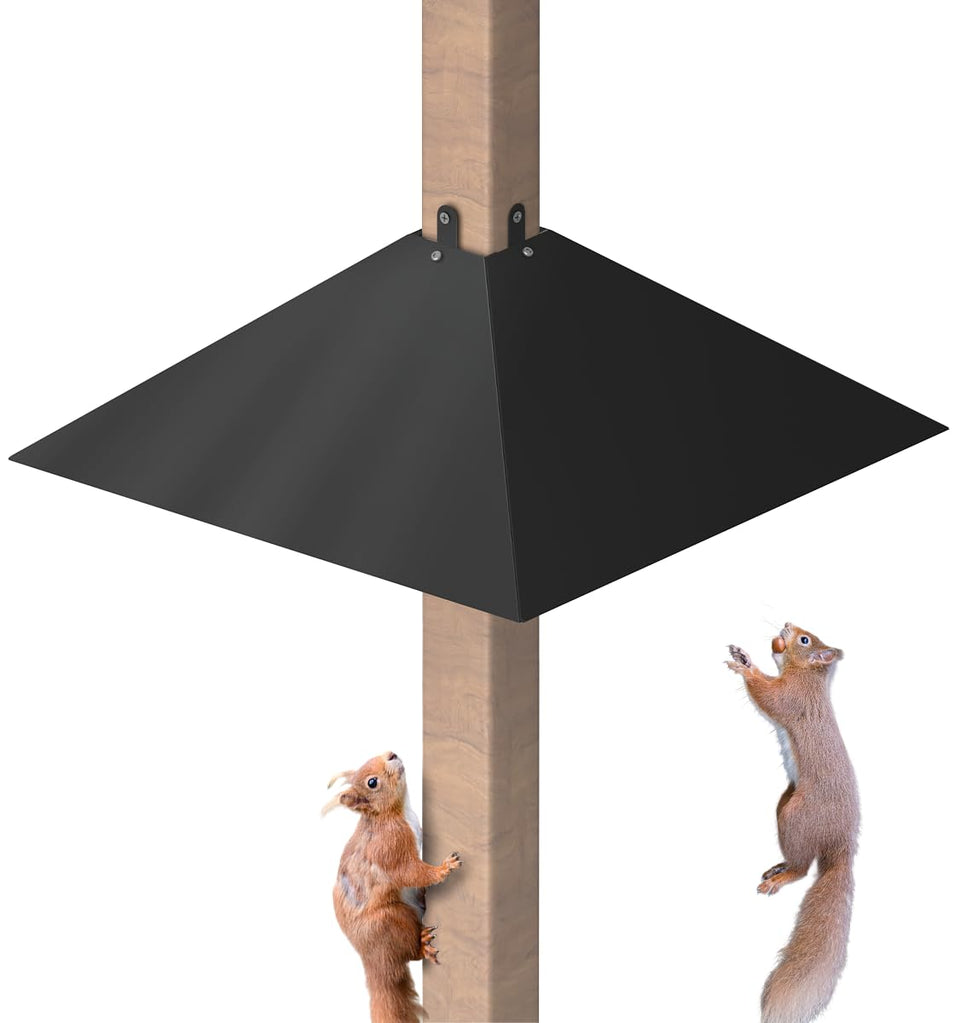 Queension 4x4 post squirrel baffle blocks access to bird feeders for persistent squirrels.