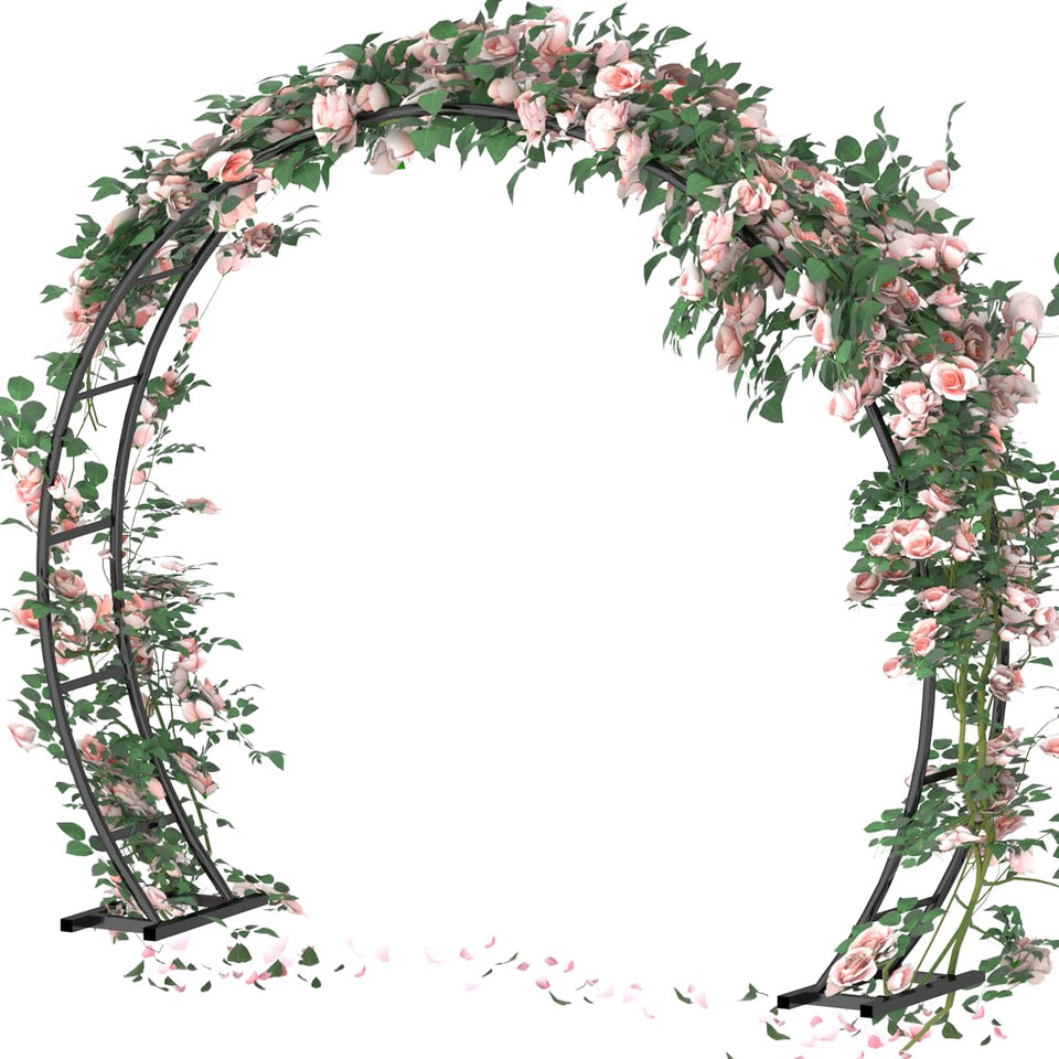 Queension metal wedding arch 8ft wide round frame, ideal for ceremony backdrops and photos.