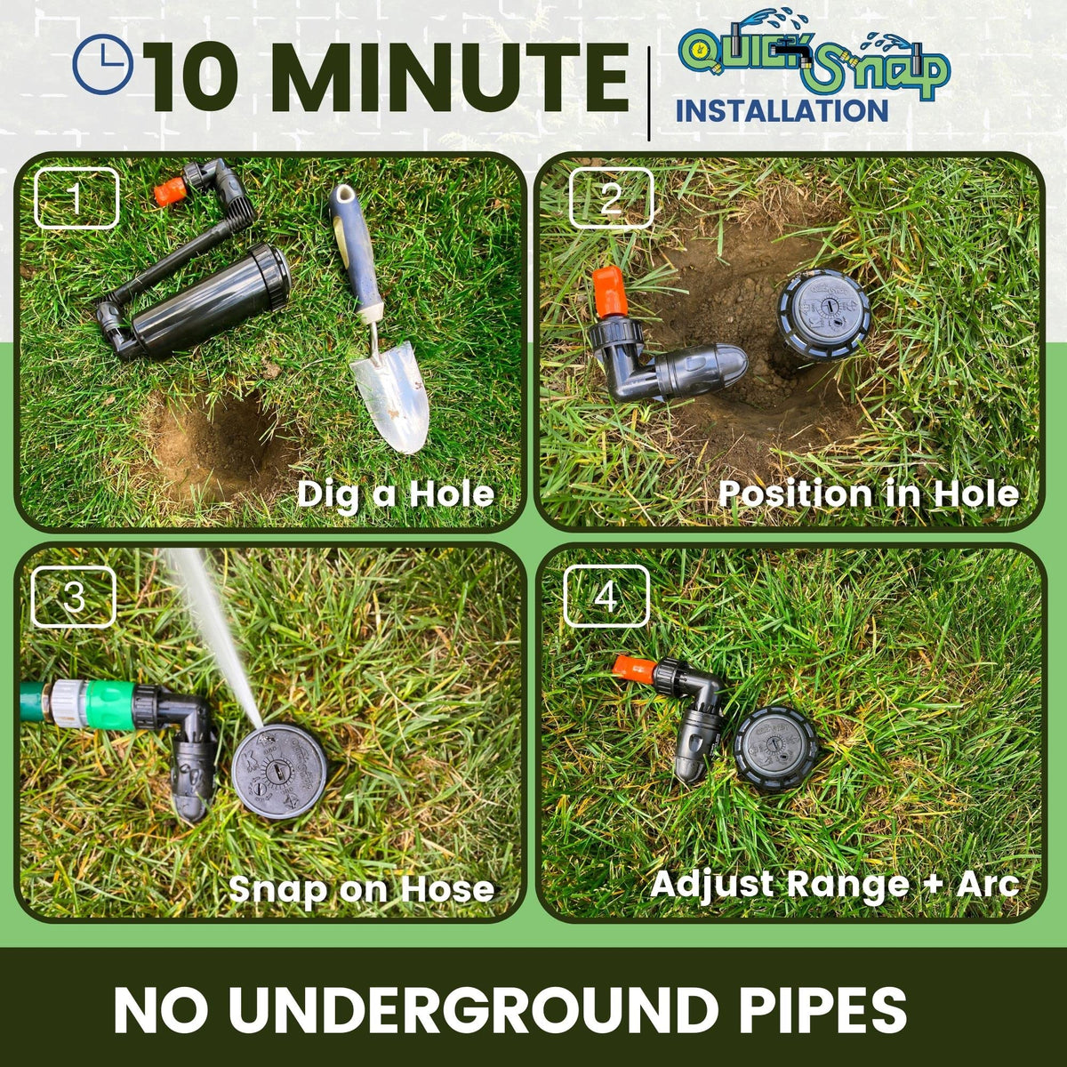 Quick-Snap sprinkler retracts after watering to allow mowing.