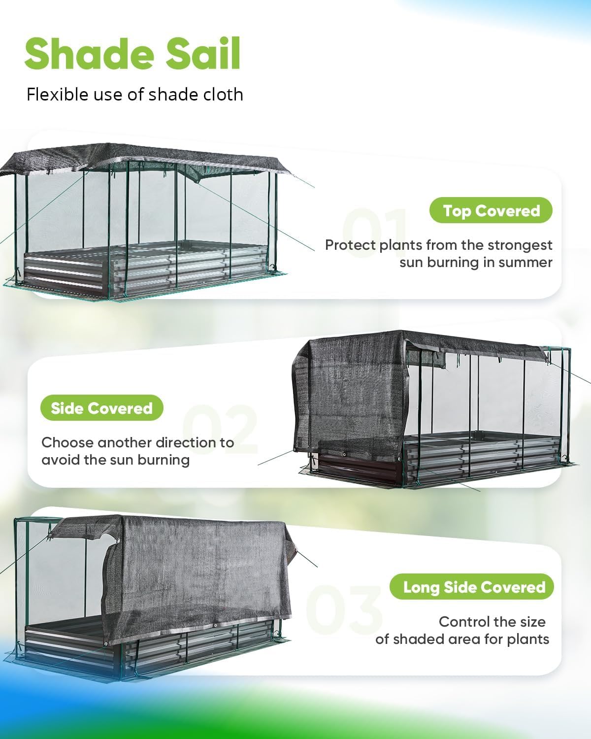 Quictent shade cloth filters 60% light to prevent heat damage.