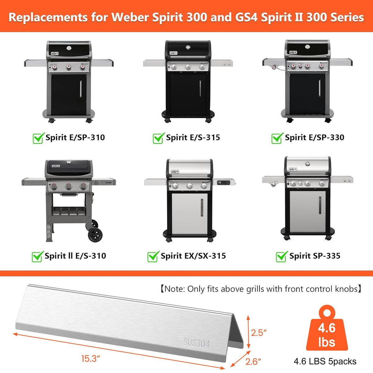 QuliMetal flavor bars front-knobs fit shows compatibility and even heating for Weber Spirit