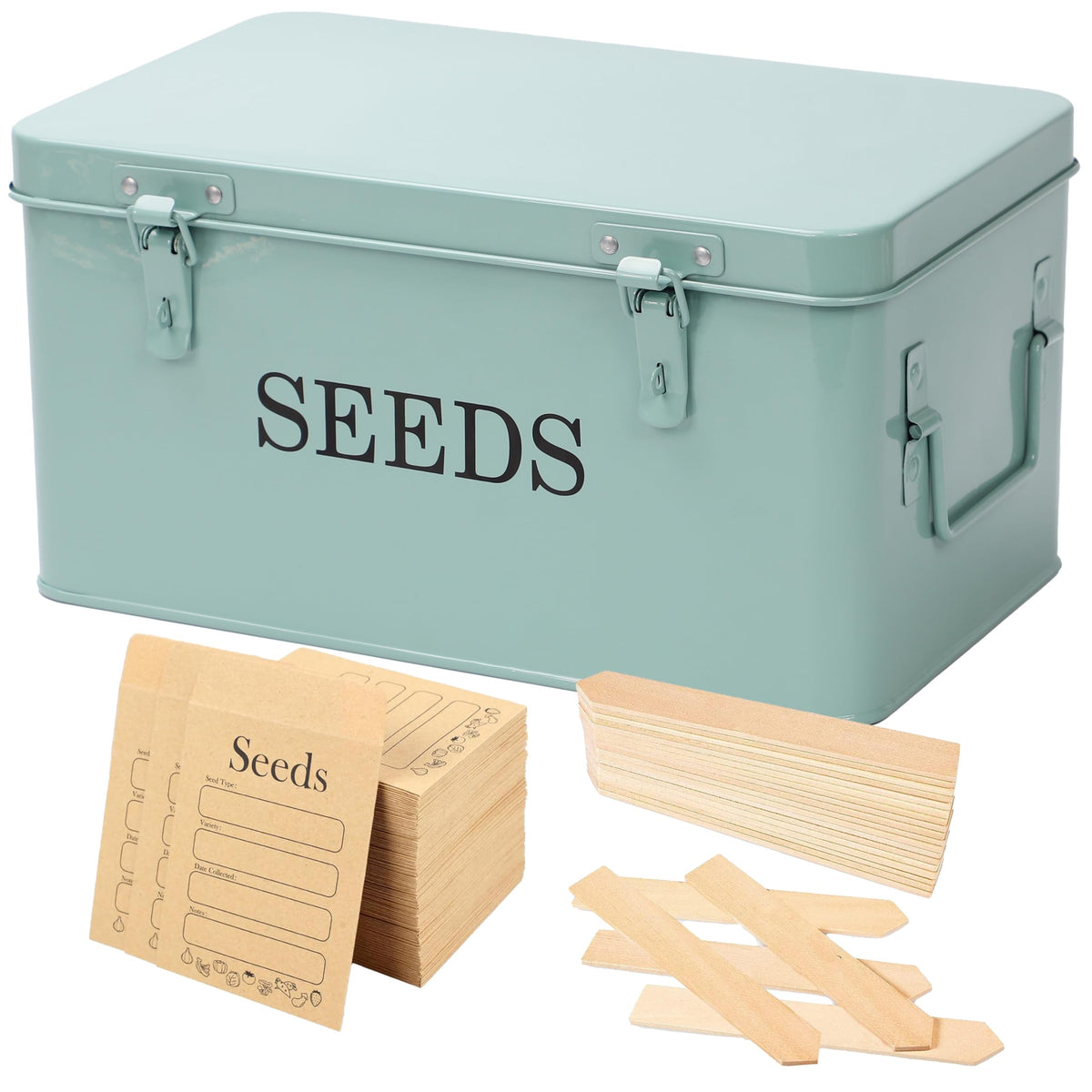 QUILIVIK seed storage box with green exterior, durable and organized seed keeping.