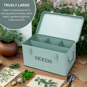 QUILIVIK seed storage box lid open, easy access for planning and labeling.