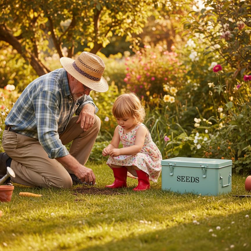 QUILIVIK storage box side handles, convenient to move between shed and garden.