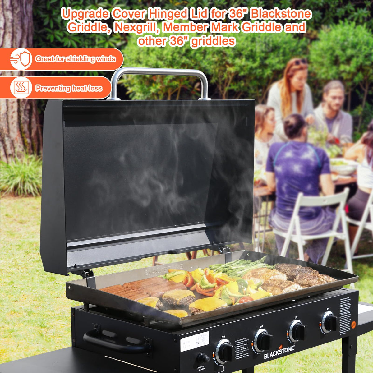 QuliMetal hinged hood front view showing 90-degree access for easier grilling.