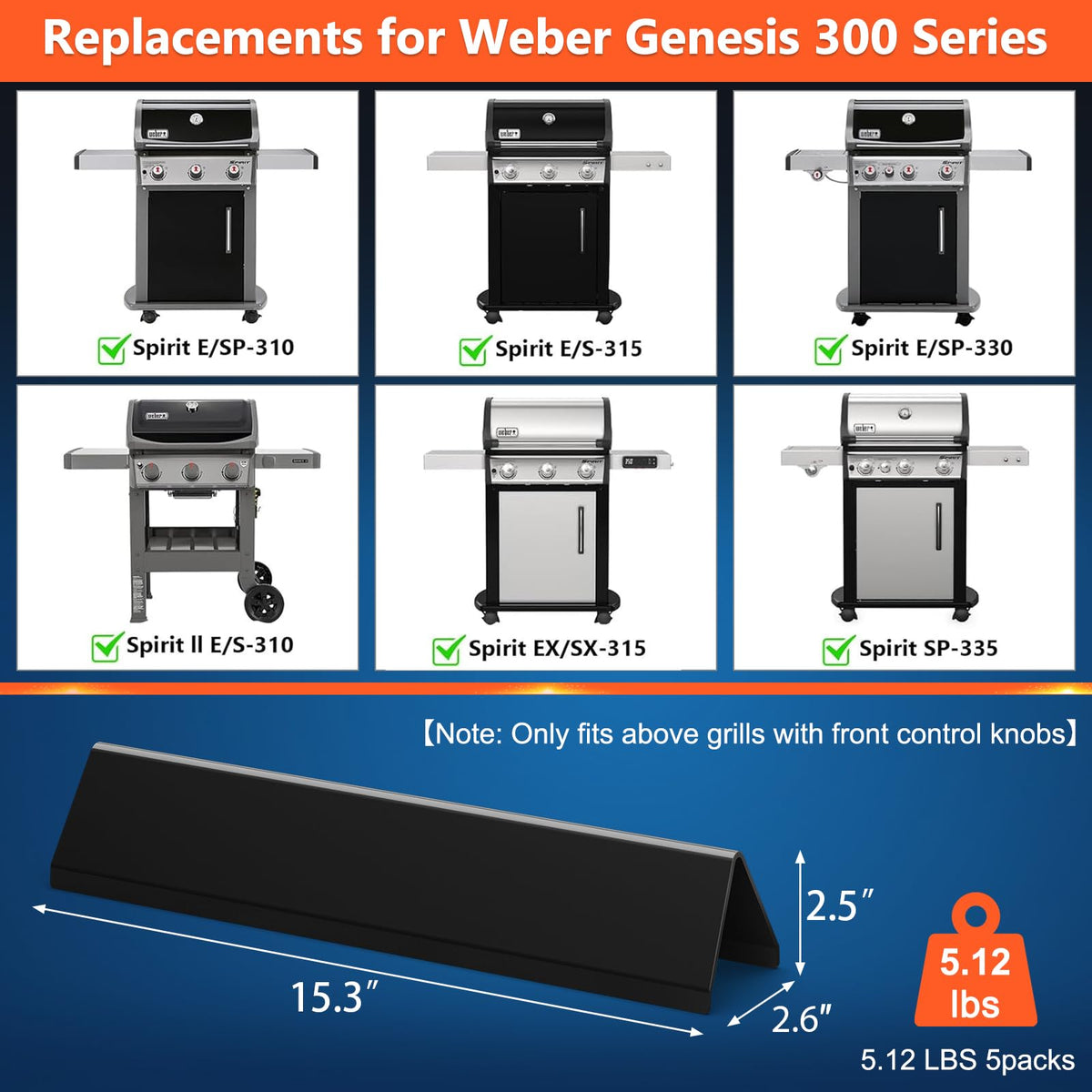 QuliMetal flavorizer bars on Weber Spirit E320 front controls delivering steady heat.