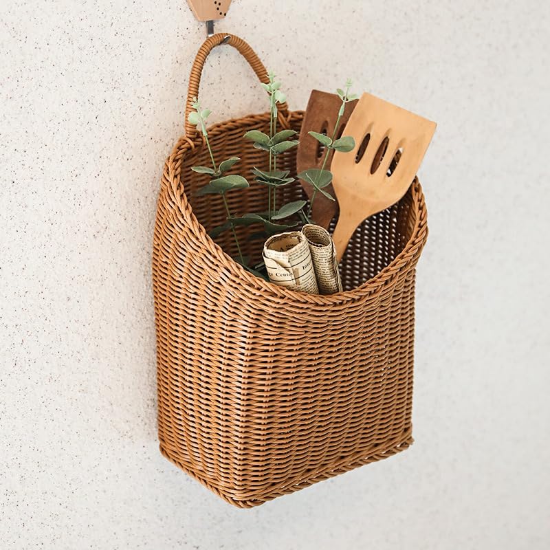 Quincry earthy wall display basket for dried flowers or faux plants in home or cafe.