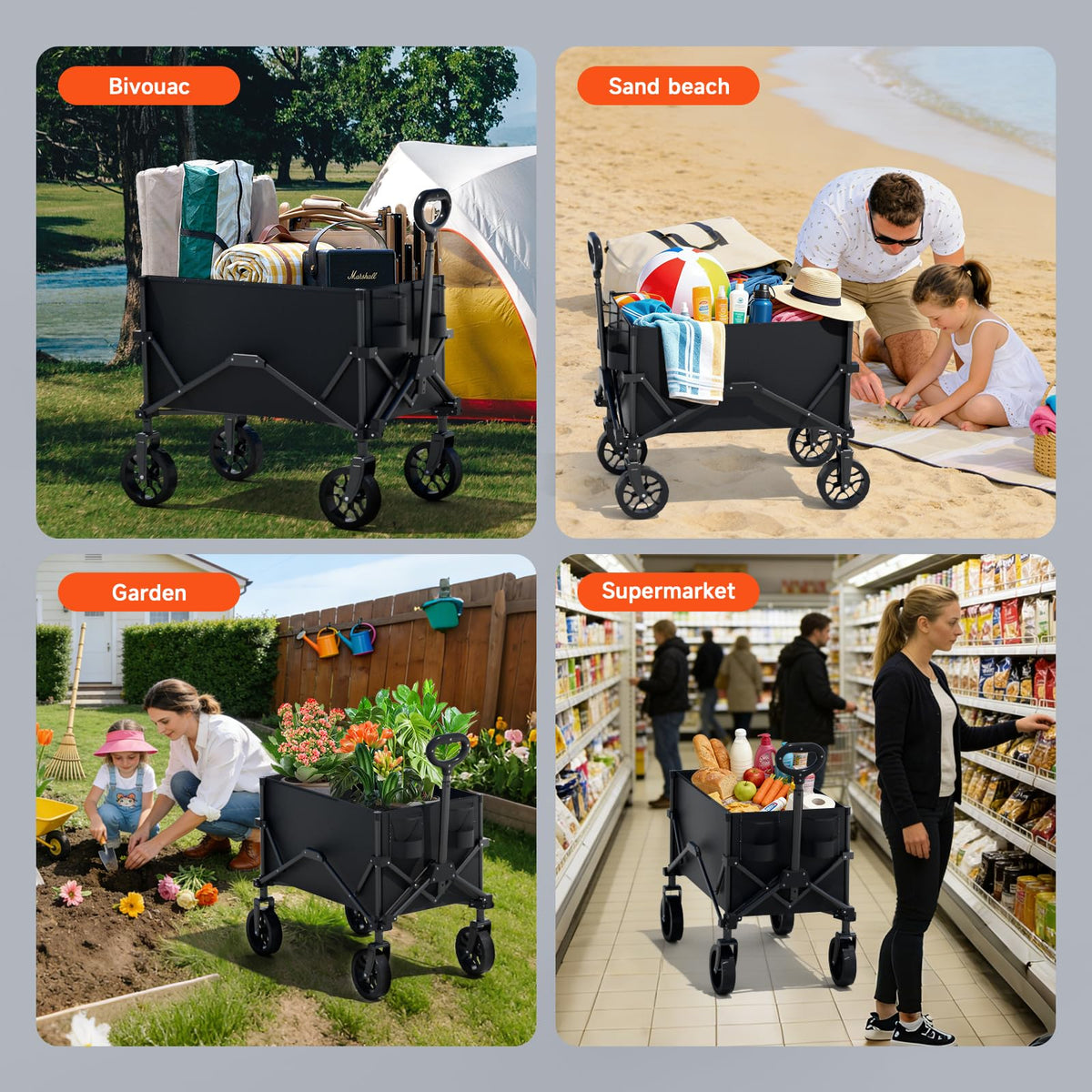 Quindom wagon with large-diameter tires and suspension on uneven terrain.