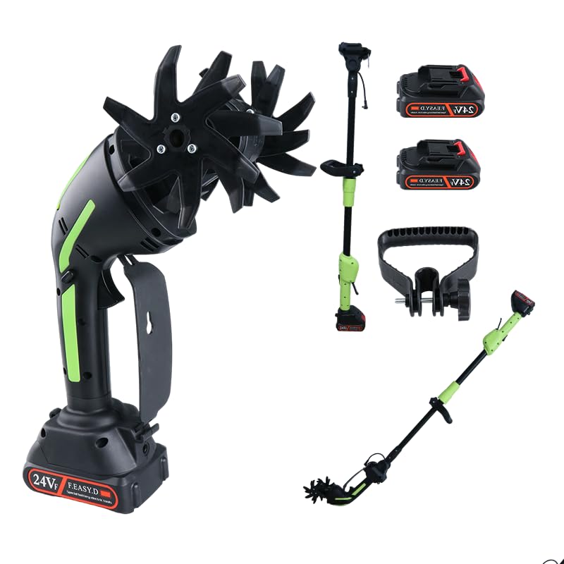 Quini 24V cordless tiller with battery pack enables wireless gardening.