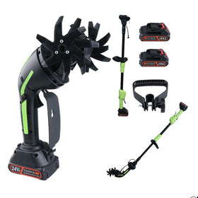Quini 24V cordless tiller with battery pack enables wireless gardening.