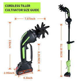 Extension rod attachment on Quini tiller for extended reach and comfort.