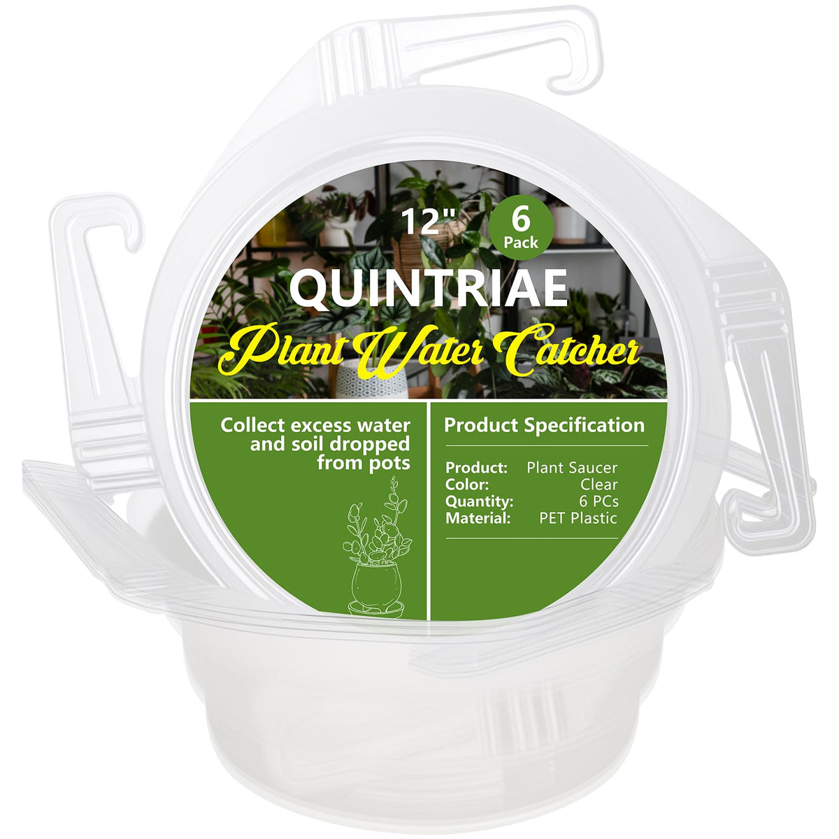 Quintriae hanging drip tray top view, clear water catcher for 12-inch baskets.